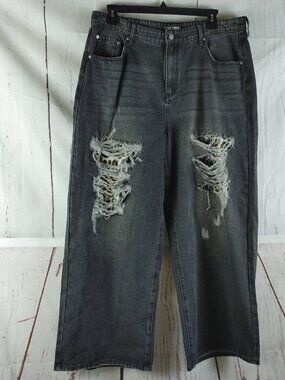 Fashion Nova Women Plus Size 16 Wide Leg Leopard Distressed Gray Jean 38x30 NWT